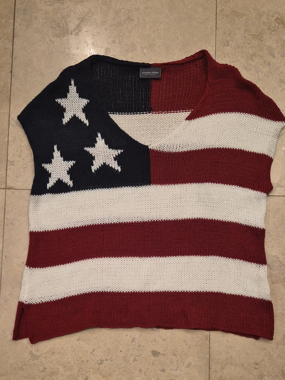 Wooden Ships American Flag Knit V-Neck Cotton Sweater Tee